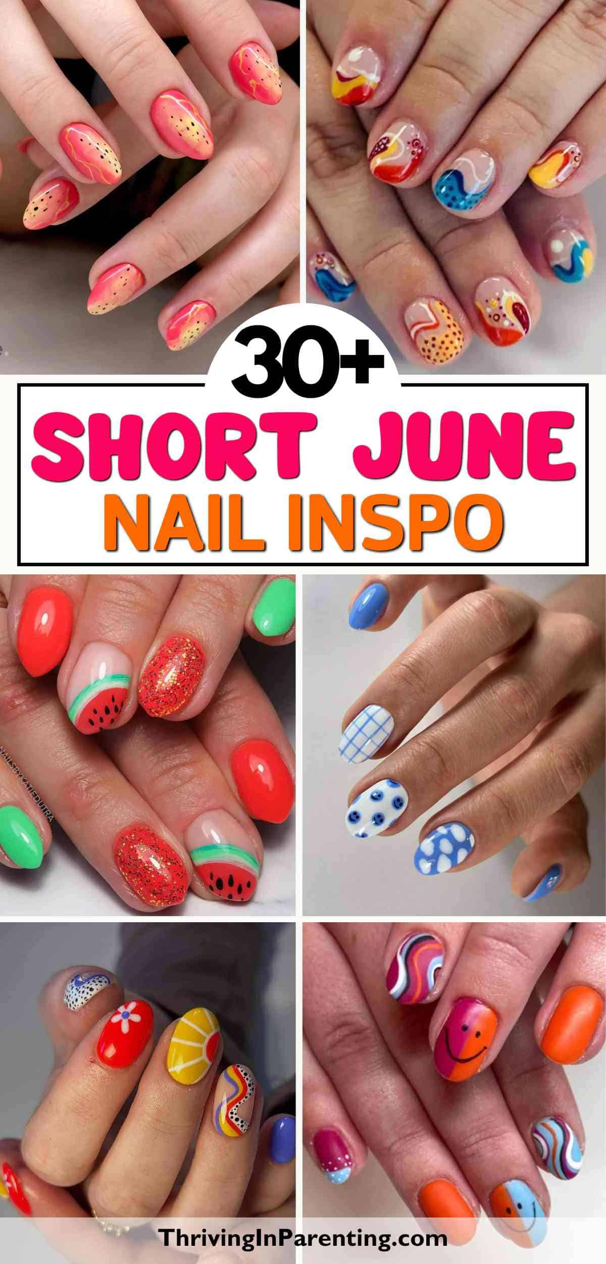 Collage of vibrant short June nails featuring fruit patterns, abstract shapes, and geometric styles.
