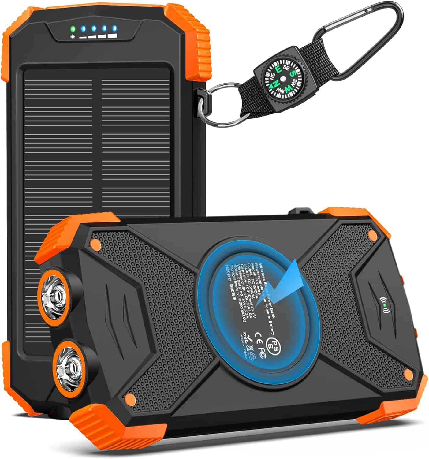Two rugged portable solar power banks with orange accents, LED indicators, dual flashlights, and a keychain compass attached to a carabiner.