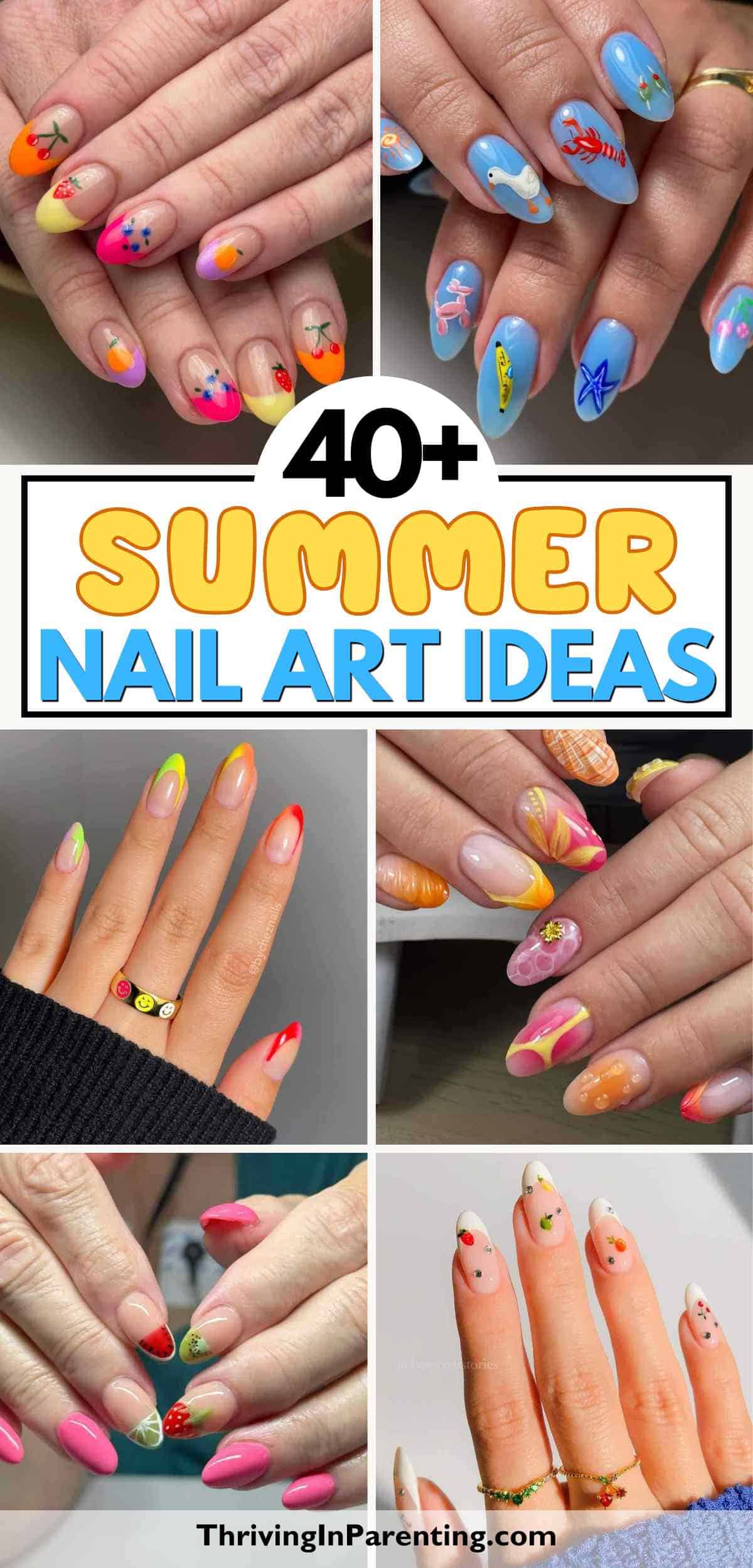 A collage of colorful summer nail ideas featuring florals, fruits, beach motifs, and vibrant patterns.