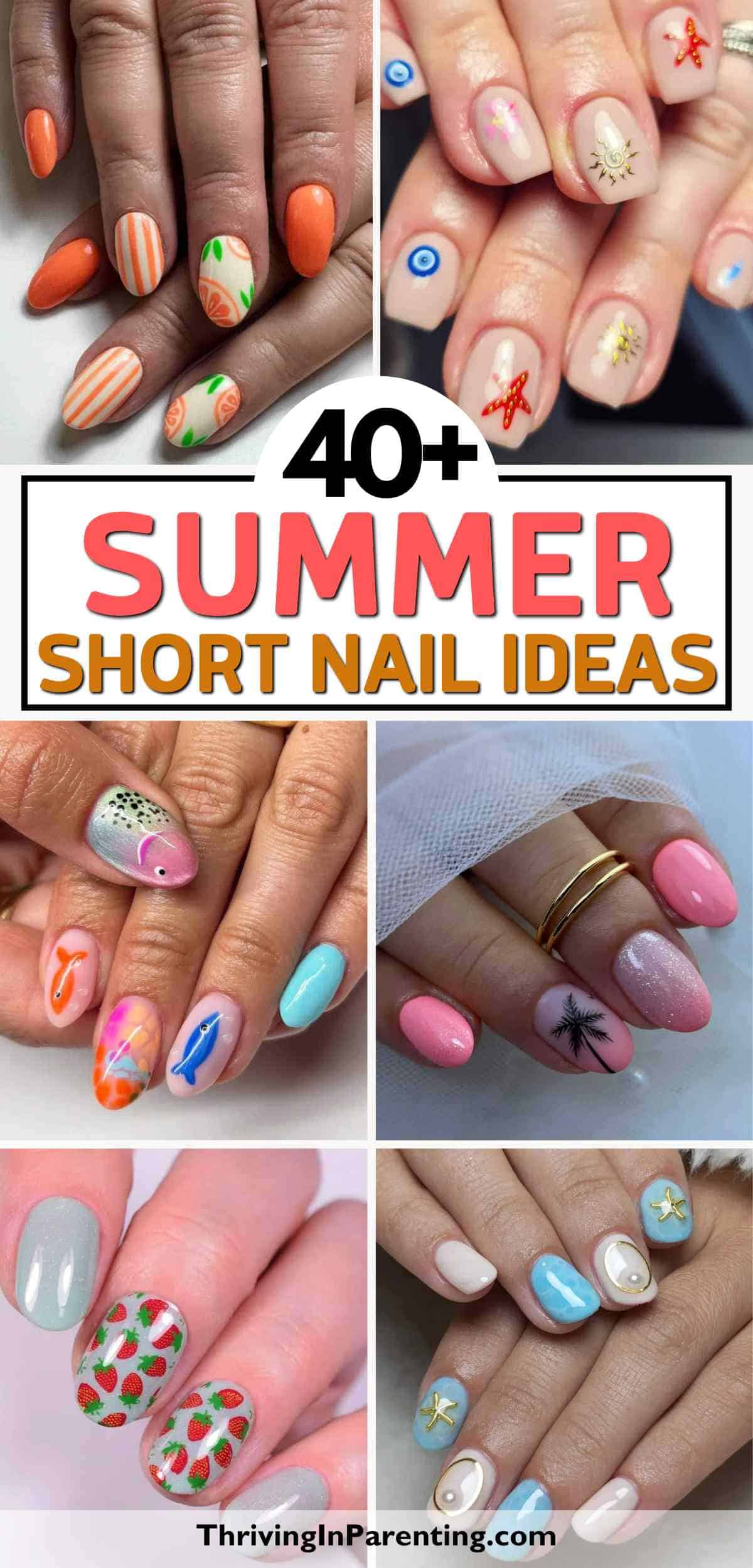 Collage showcasing bright colors, patterns, and decorations—perfect for short summer nail ideas.
