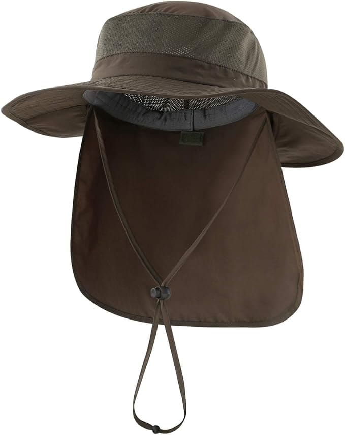 Wide-brimmed brown sun hat with mesh ventilation, neck flap for sun protection, and an adjustable chin strap.