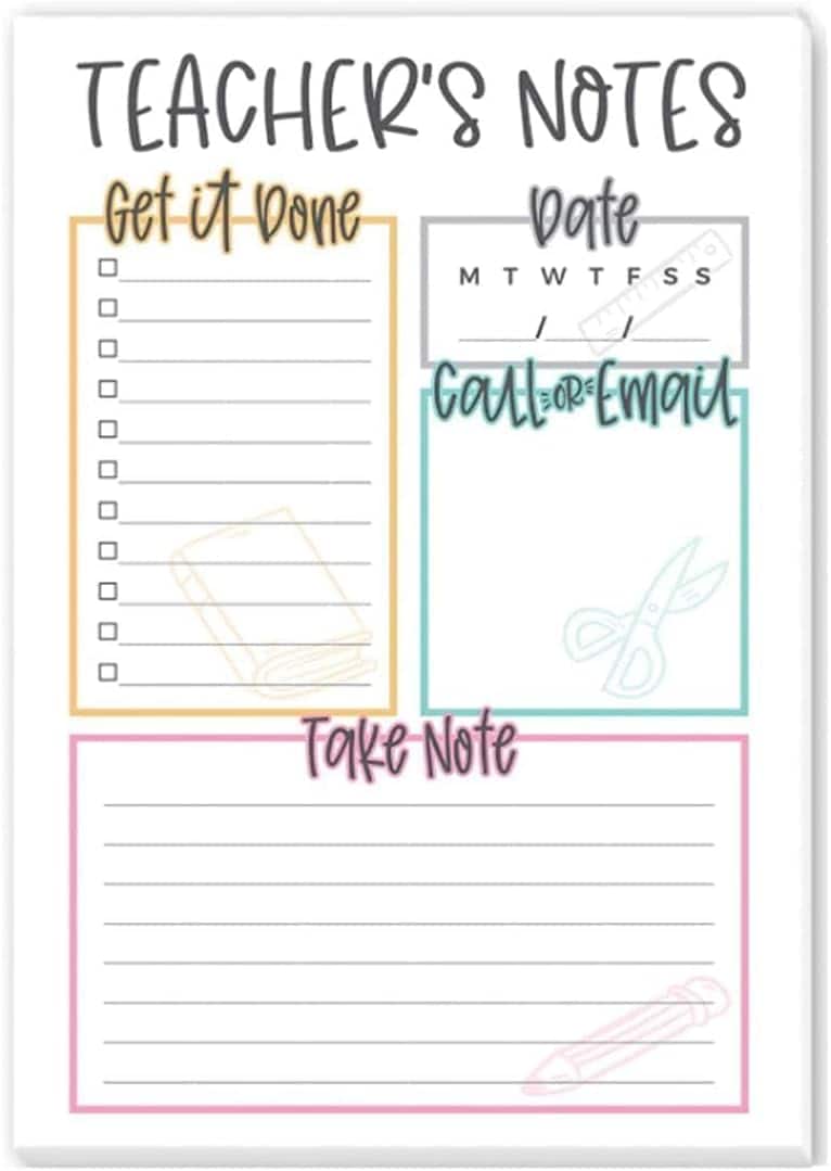 Teacher's notes template with sections for a checklist, date, call or email reminders, and lined space for additional notes.