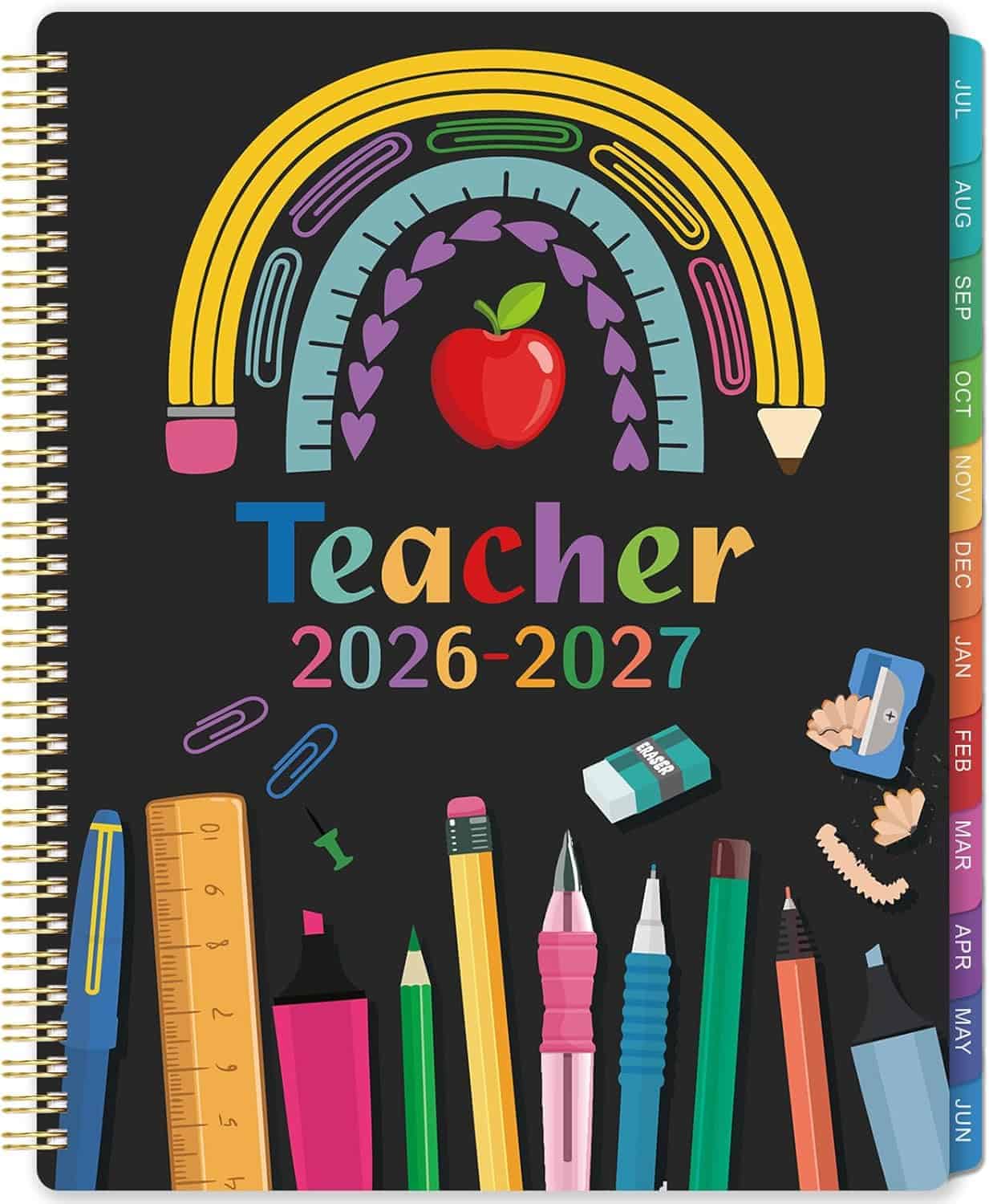 Spiral-bound teacher planner for 2026-2027 with colorful school supplies and an apple on the cover, featuring monthly tabs along the right edge.