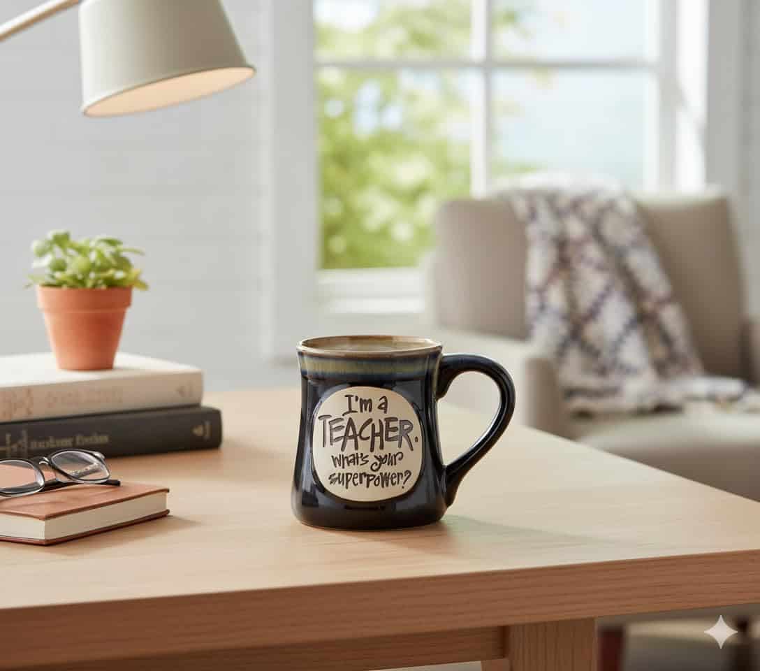 A ceramic mug on a desk reads "I'm a teacher. What's your superpower?" with books, a plant, and an armchair in the background near a window.