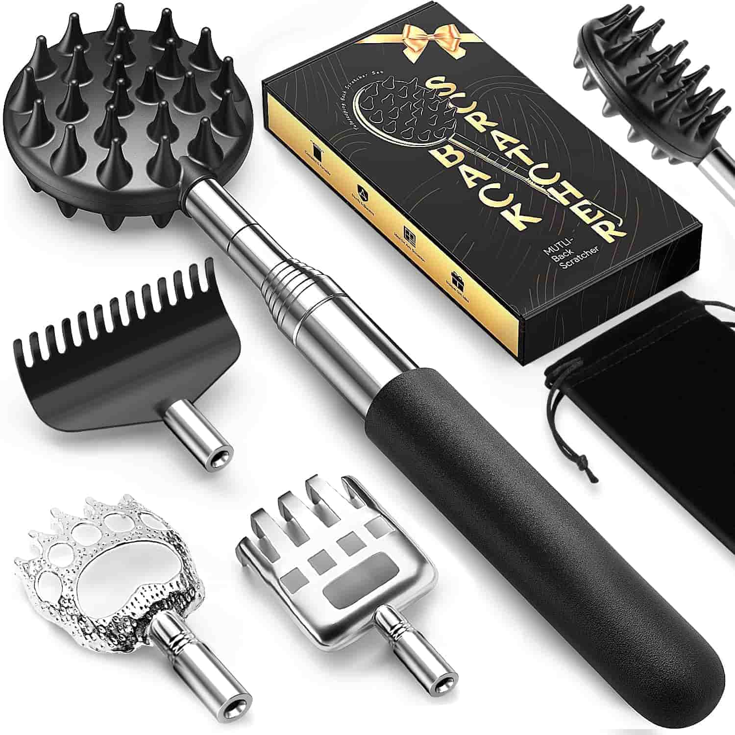 A multi-piece back scratcher set with various detachable heads, including metal and plastic claws, a handle, a storage pouch, and packaging box.