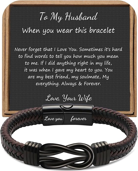 A brown braided bracelet with a black clasp reading "Love you forever," displayed in front of a plaque with a heartfelt message from a wife to her husband.