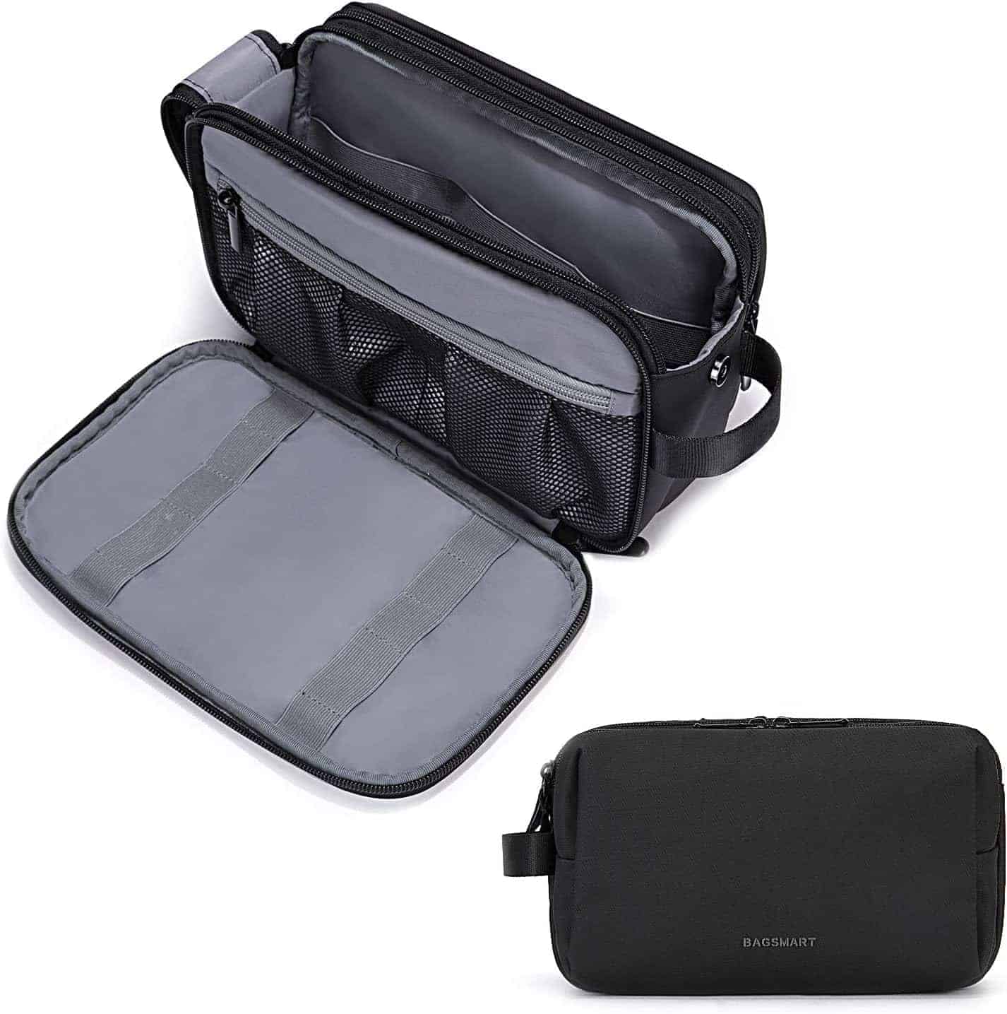 A black Bagsmart travel organizer bag shown open to display internal mesh pockets and compartments, alongside a closed view of the bag.