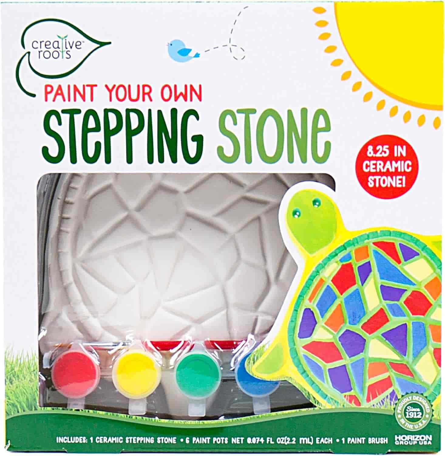 Paint your own ceramic stepping stone kit with turtle design, includes a plain stone, four paint pots (red, yellow, green, blue), and a paintbrush.