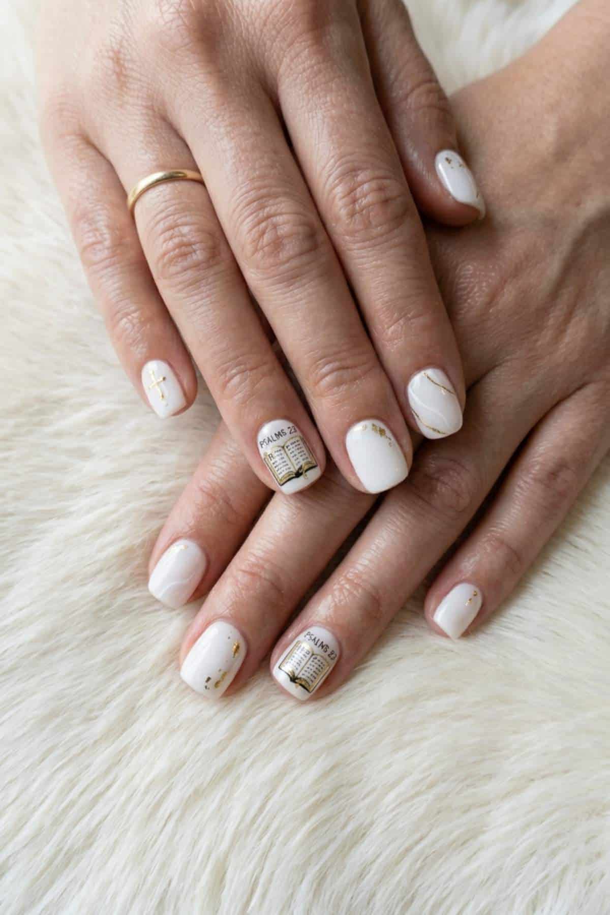 Hands with short, white manicured nails featuring gold accents and black text newspaper print on two nails, resting on a white fur surface.