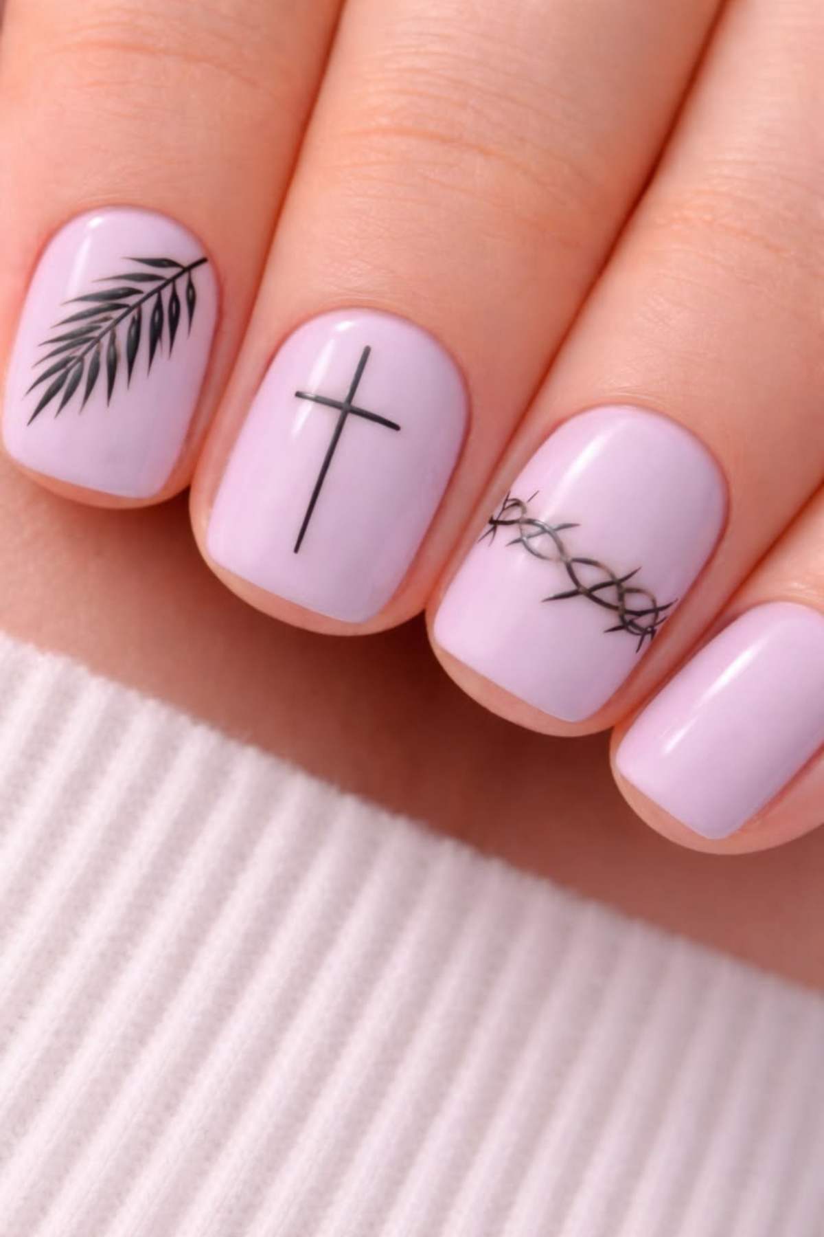 Close-up of a hand with light pink nail polish, featuring black minimalist art: a palm leaf, a cross, and a crown of thorns design on three fingernails.
