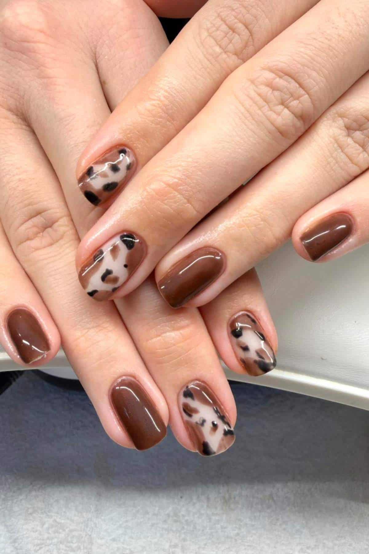 Hands with short nails painted in glossy brown polish and a light base with black and brown leopard print accent on a few nails.