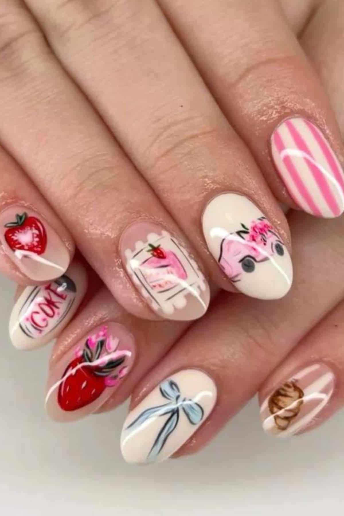 A hand with almond-shaped nails features colorful nail art including strawberries, a pink drink, a bow, a horse, stripes, and a croissant on a neutral base.