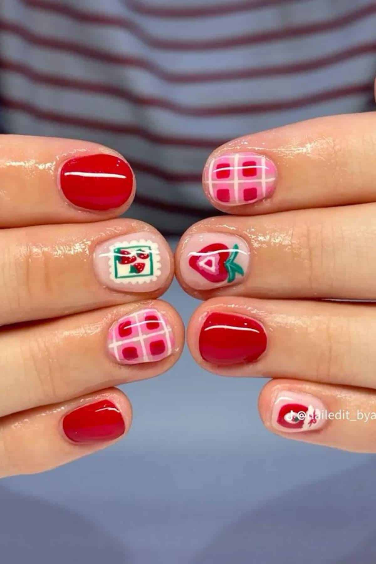 Hands with nails painted in red, pink plaid, a strawberry, and an envelope with a heart design, against a striped shirt background.