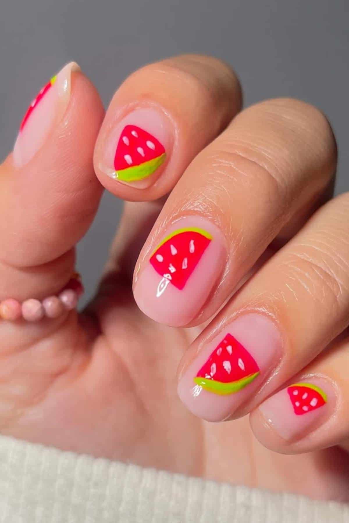 A hand with short, natural nails painted with a watermelon slice design on each nail, featuring red, green, and white colors.