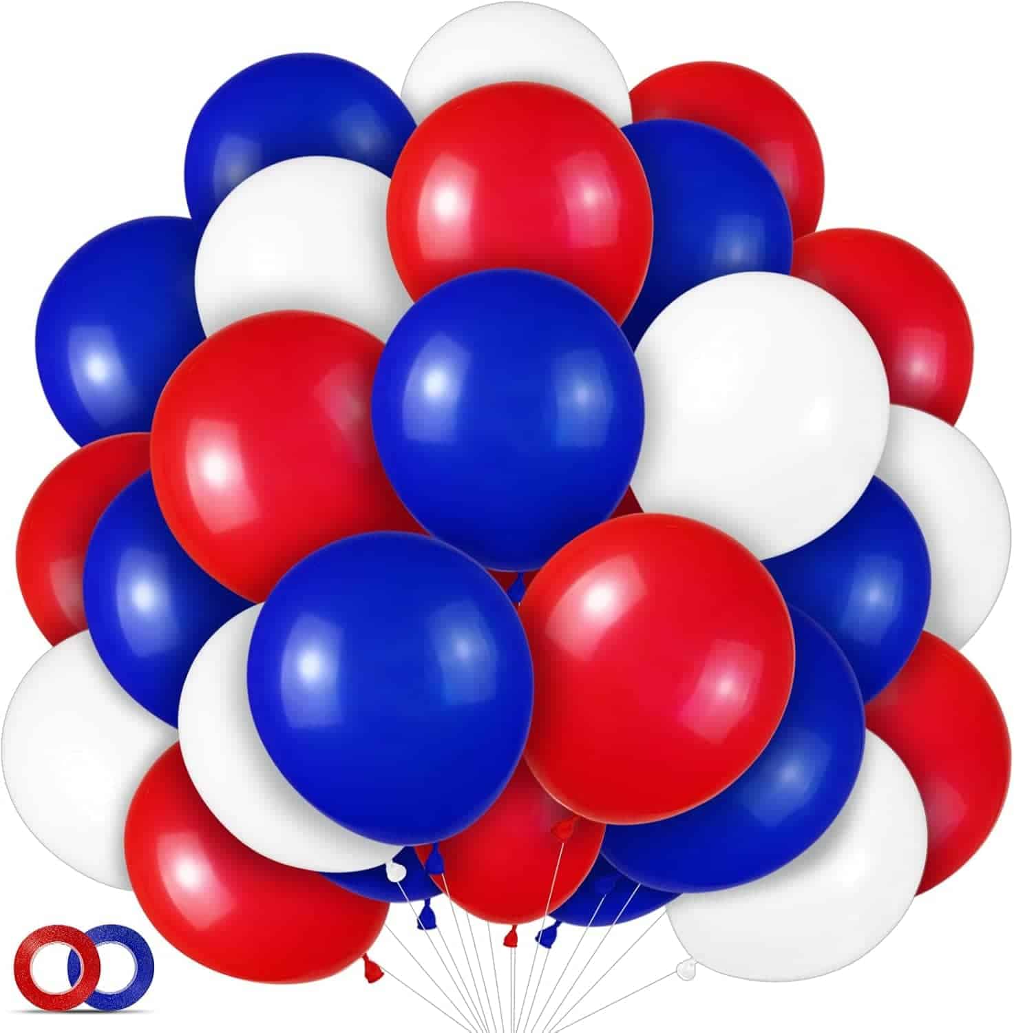 A cluster of red, white, and blue balloons is shown against a white background, with two balloon rings at the bottom left.