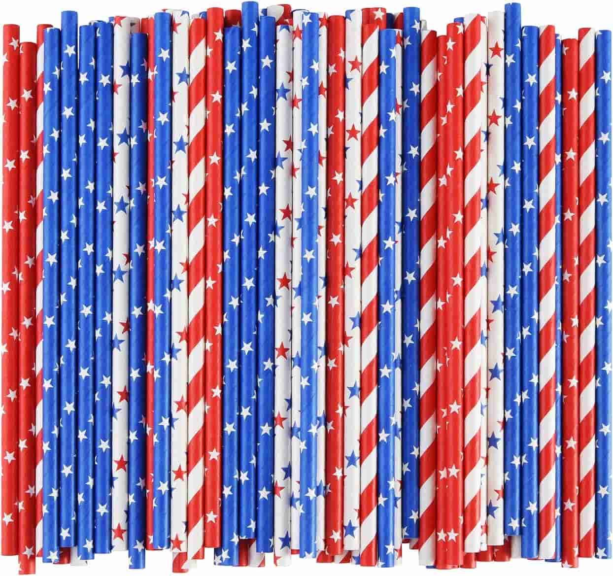 A collection of red, white, and blue paper straws featuring stripes and star patterns, arranged upright side by side.