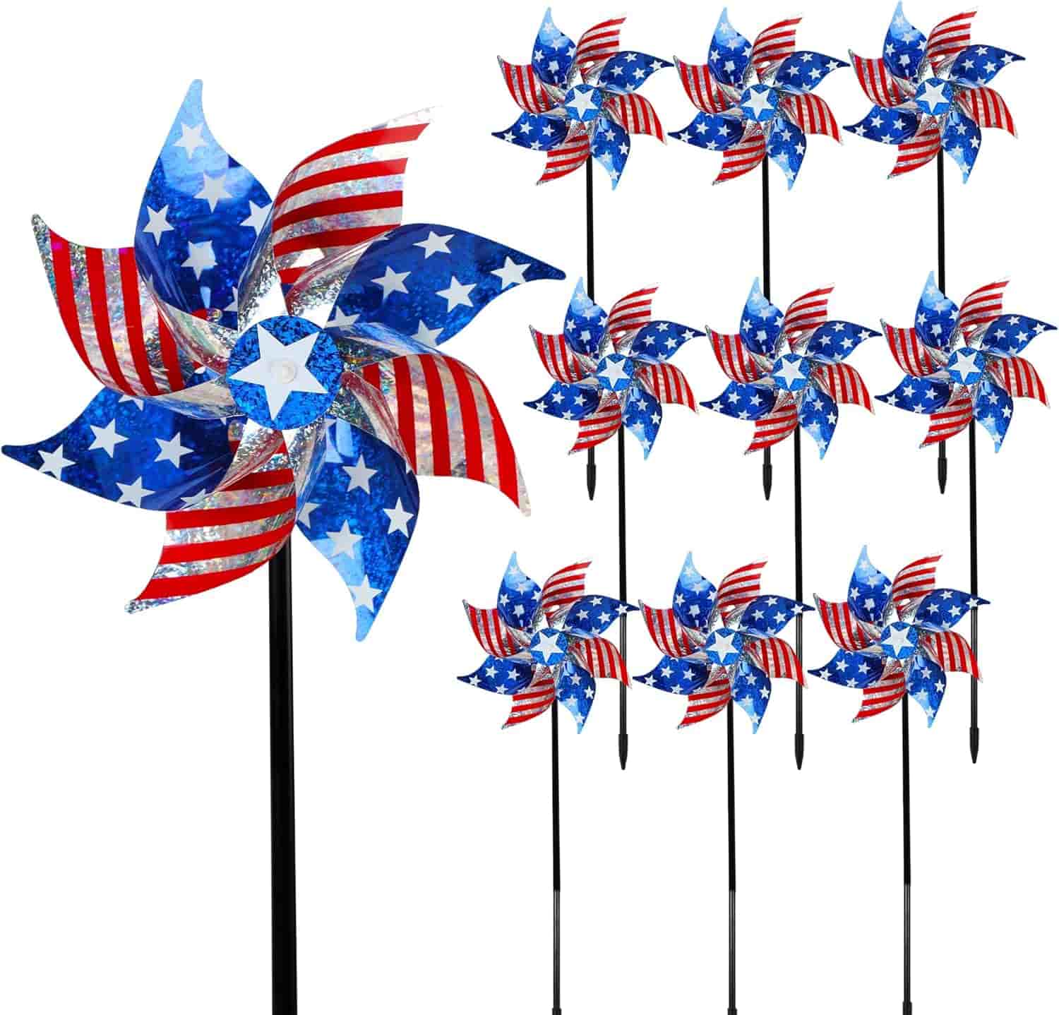 Eight pinwheels with blades featuring the American flag's stars and stripes design, attached to black sticks, arranged against a white background.