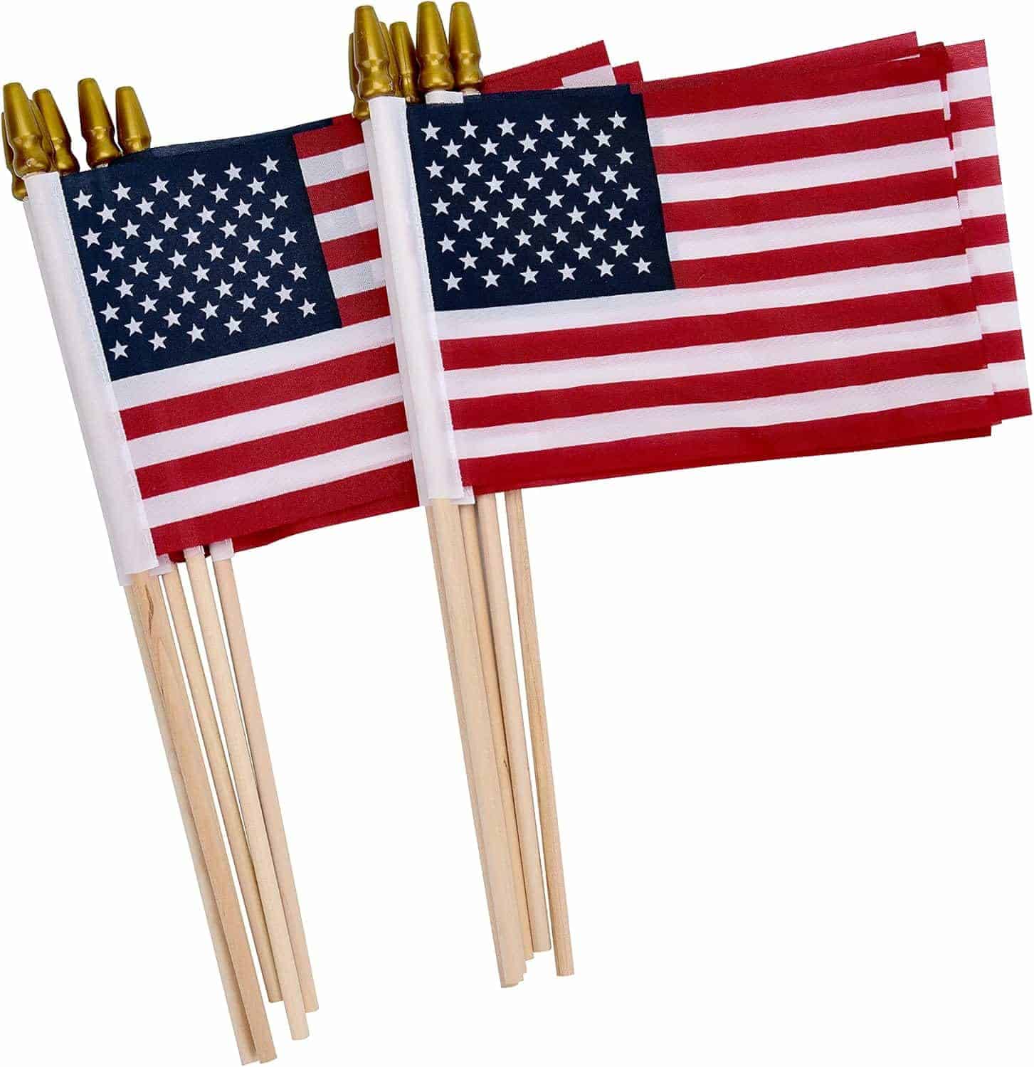 A bundle of small American flags on wooden sticks with gold finials at the top, arranged side by side.