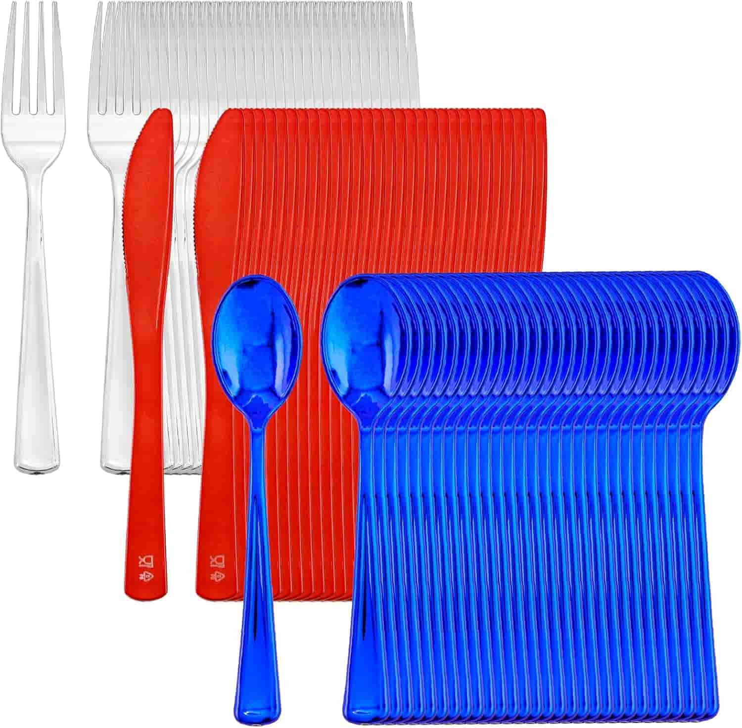 Sets of plastic cutlery in clear, red, and blue colors, each including forks, knives, and spoons, arranged side by side on a white background.