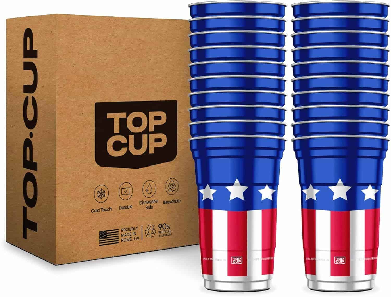 A set of reusable plastic cups with an American flag design stands in front of a brown Top Cup branded box.