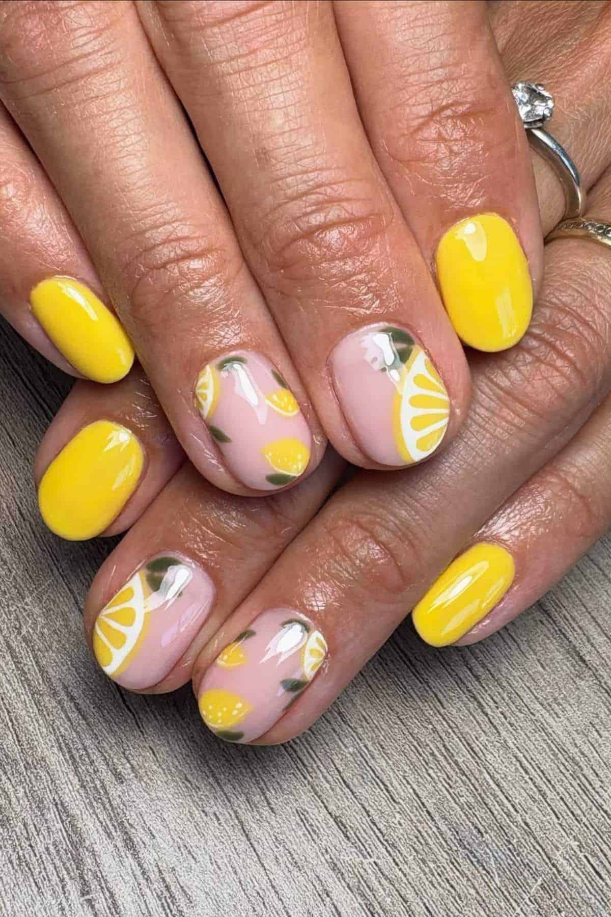 Hands with a yellow and pink manicure, featuring lemon slice designs on some nails, resting on a wooden surface.