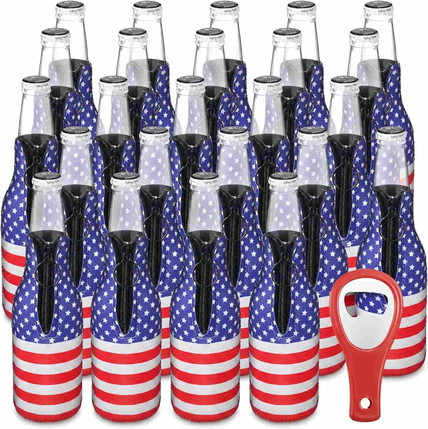 A group of twenty-four glass bottles covered with American flag-themed sleeves, arranged in rows, with a red and white bottle opener in front.