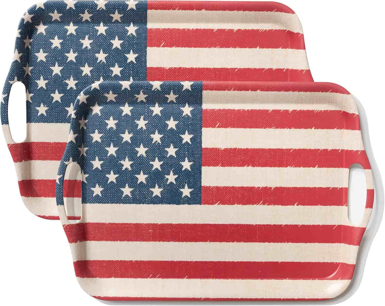 Two rectangular serving trays with handles, featuring the design of the American flag in a slightly faded, vintage style.