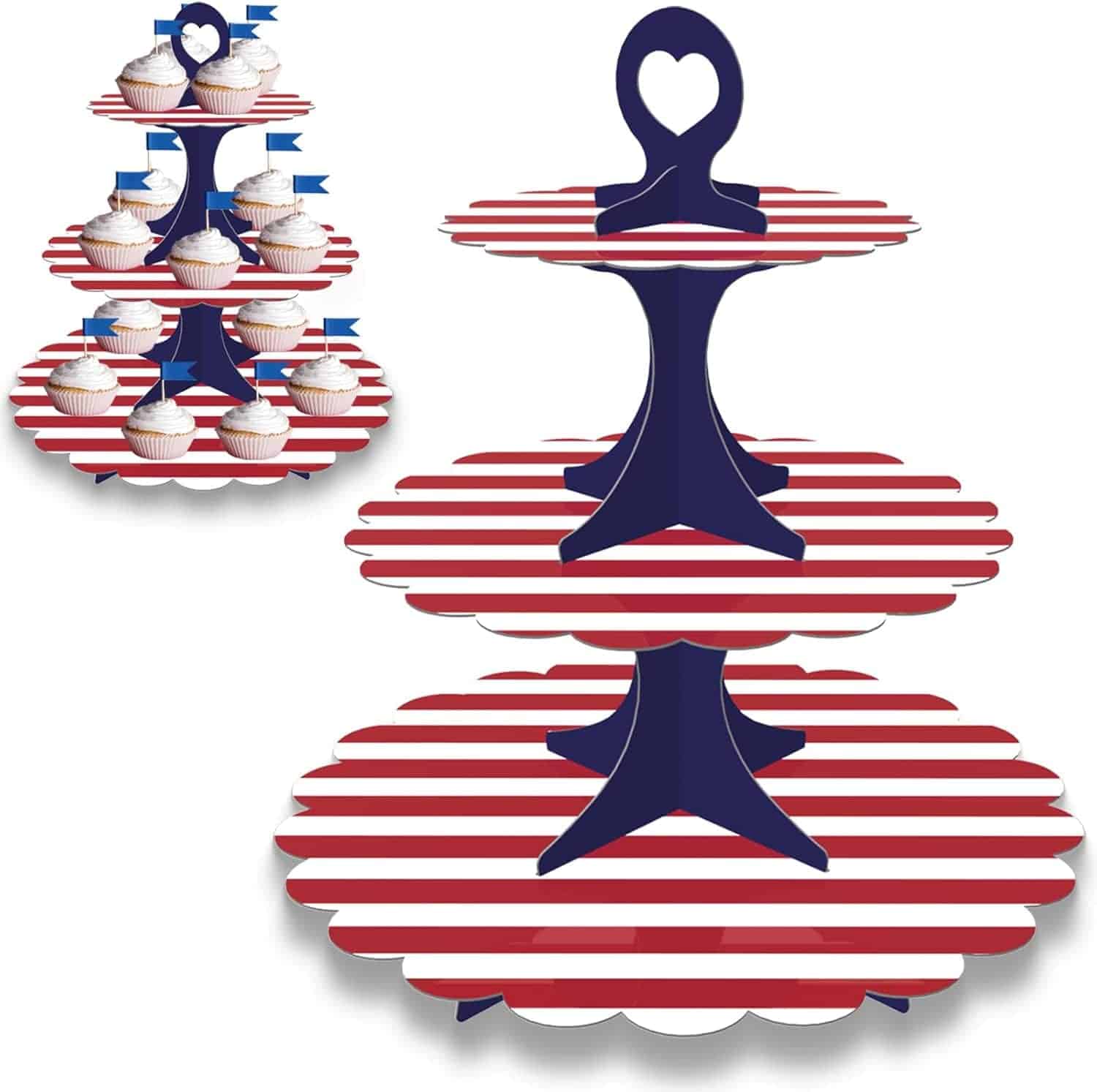 Three-tiered cupcake stand with red and white stripes, blue supports, and a heart-shaped handle, displayed empty and with cupcakes.