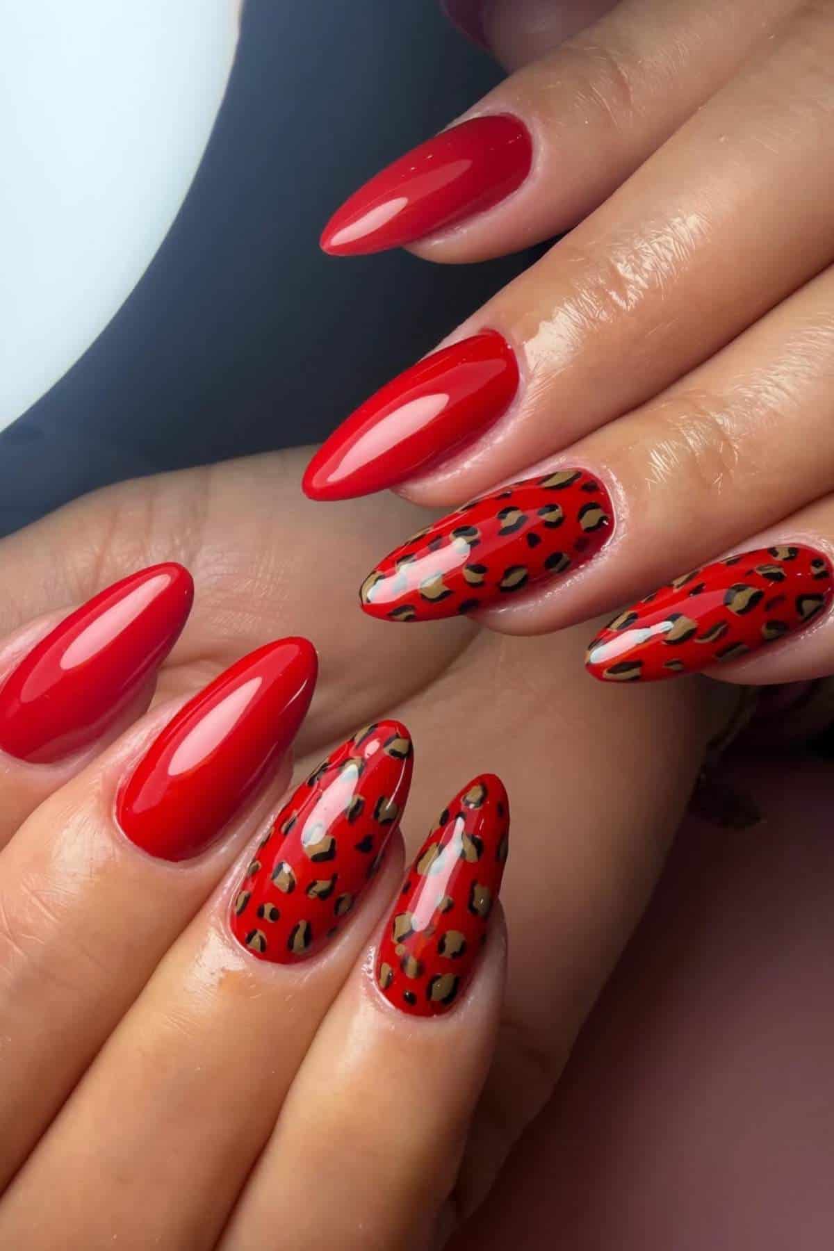A hand with long almond-shaped nails painted in glossy red and red leopard print designs.