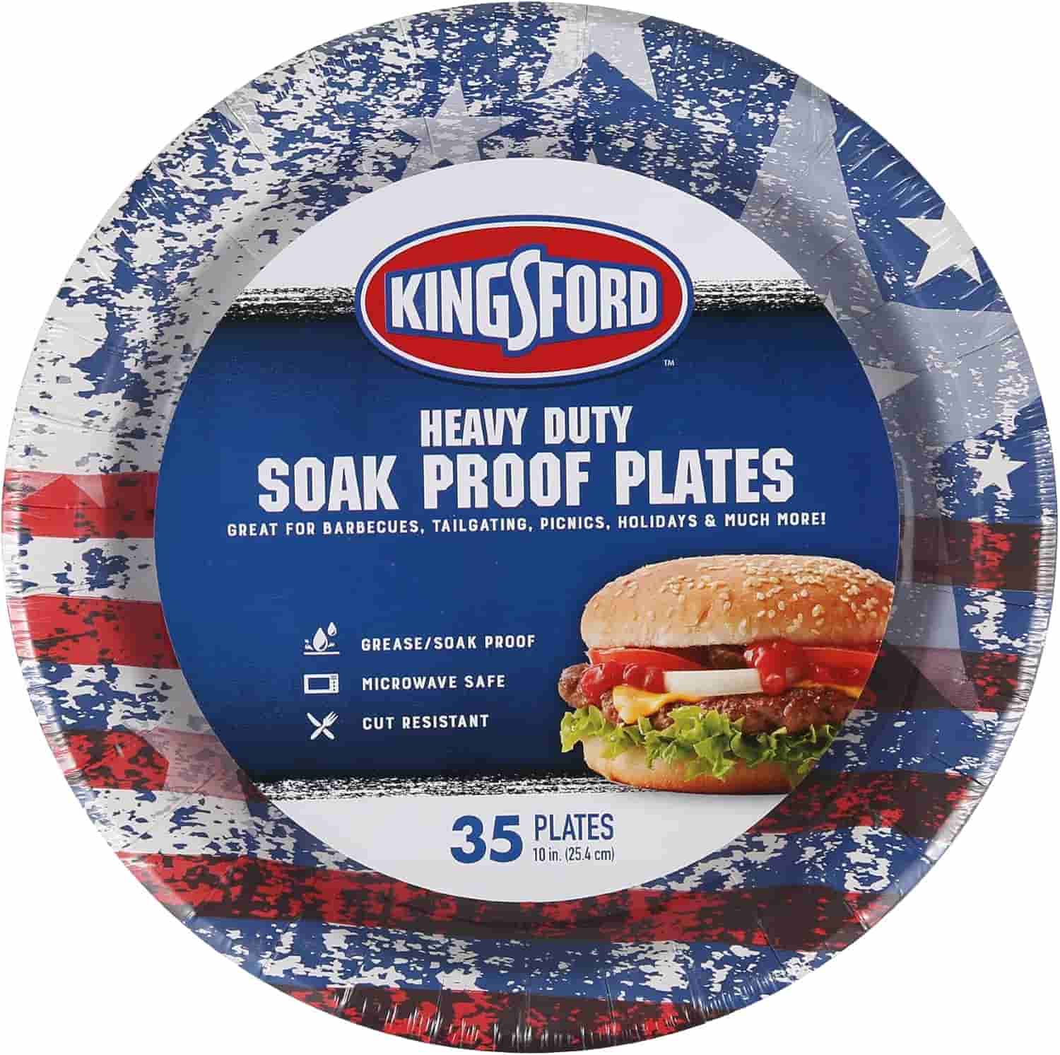 A Kingsford heavy duty disposable plate with a burger image and text stating it is soak proof, microwave safe, cut resistant, and contains 35 plates, 10 inches each.
