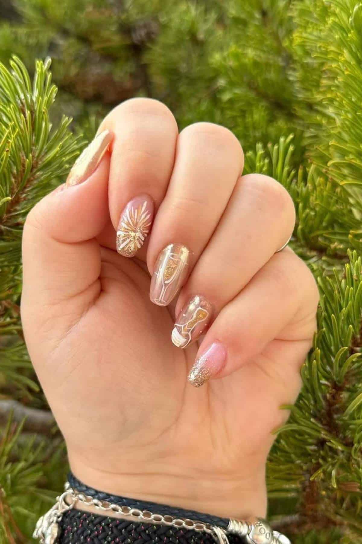 A hand with manicured nails featuring gold and nude nail art, held up against a background of green pine branches.