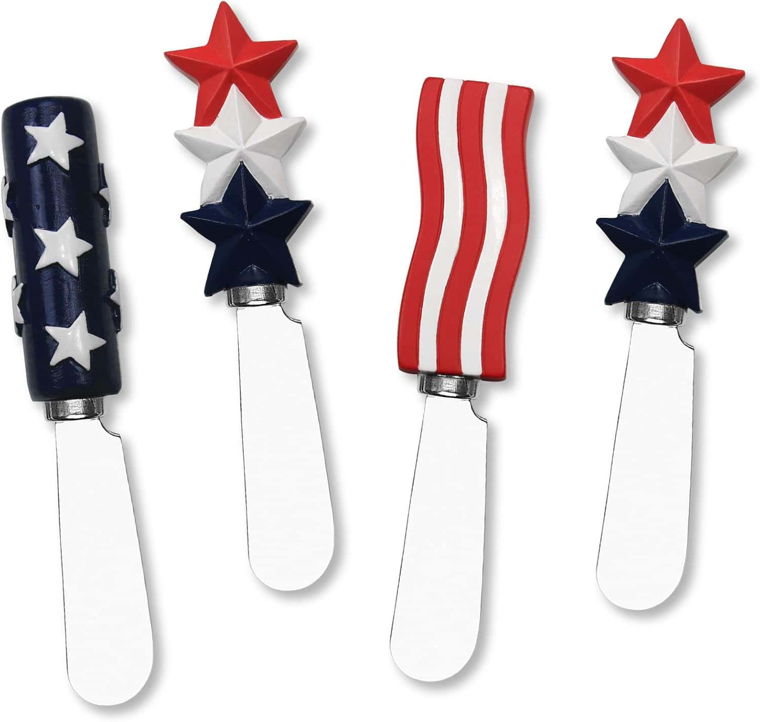 Four cheese spreaders with patriotic handles featuring stars and stripes in red, white, and blue.