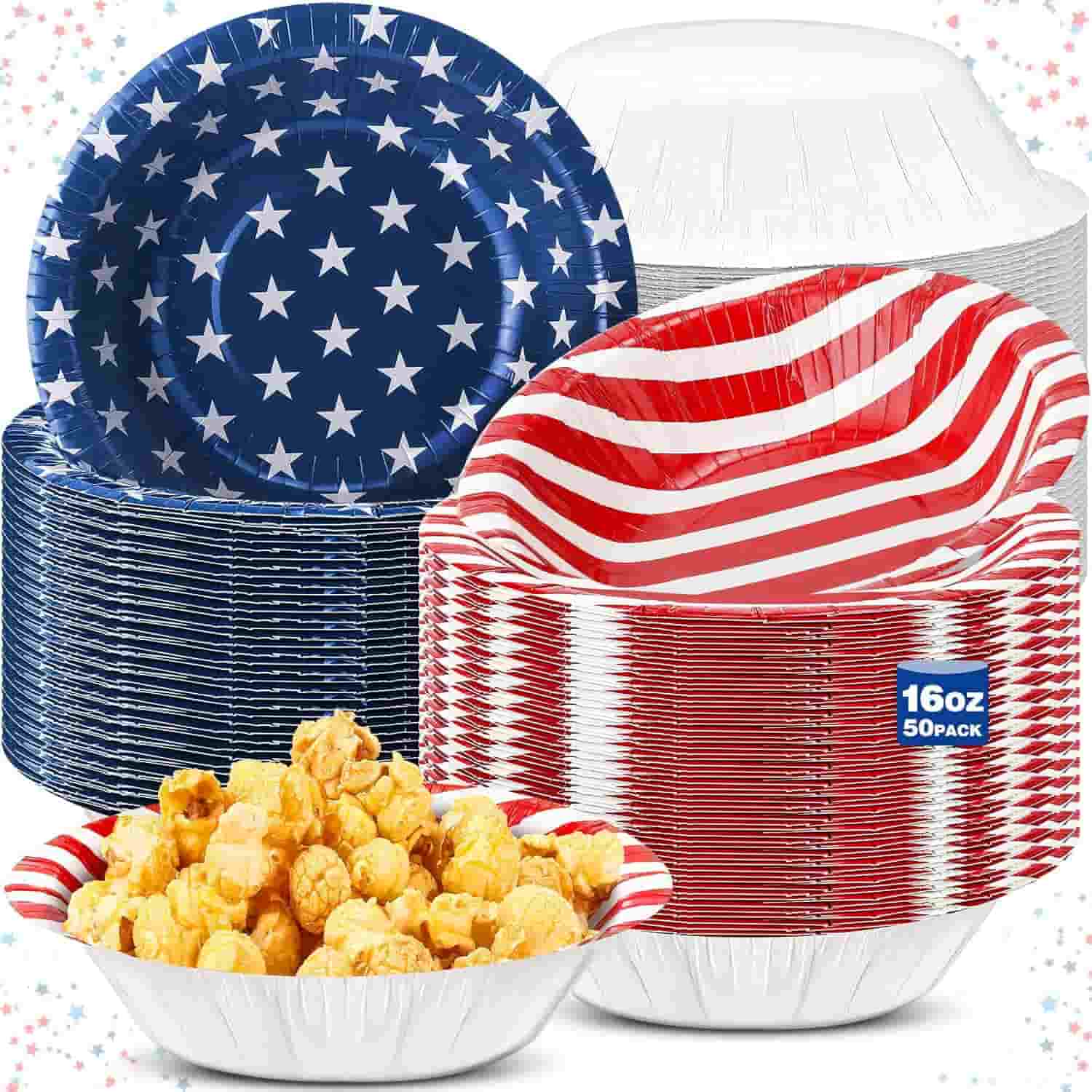 A stack of disposable bowls with blue star and red stripe designs, some filled with popcorn, labeled as a 16-ounce pack of 50.