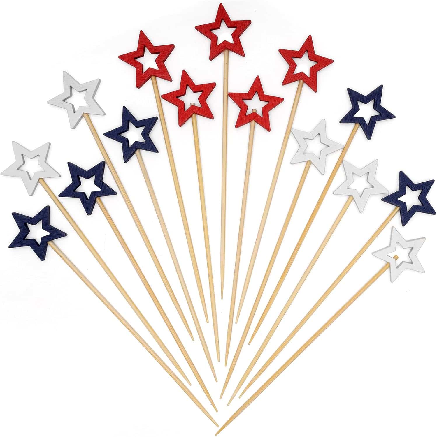 Twelve wooden sticks topped with red, white, and blue hollow star shapes arranged in a fan pattern on a white background.