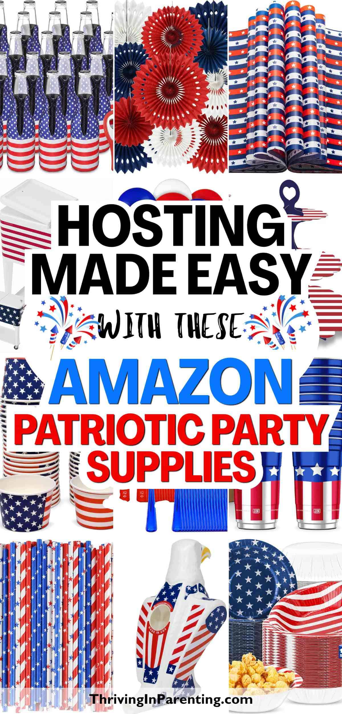 Collage of patriotic party supplies and essentials from Amazon.