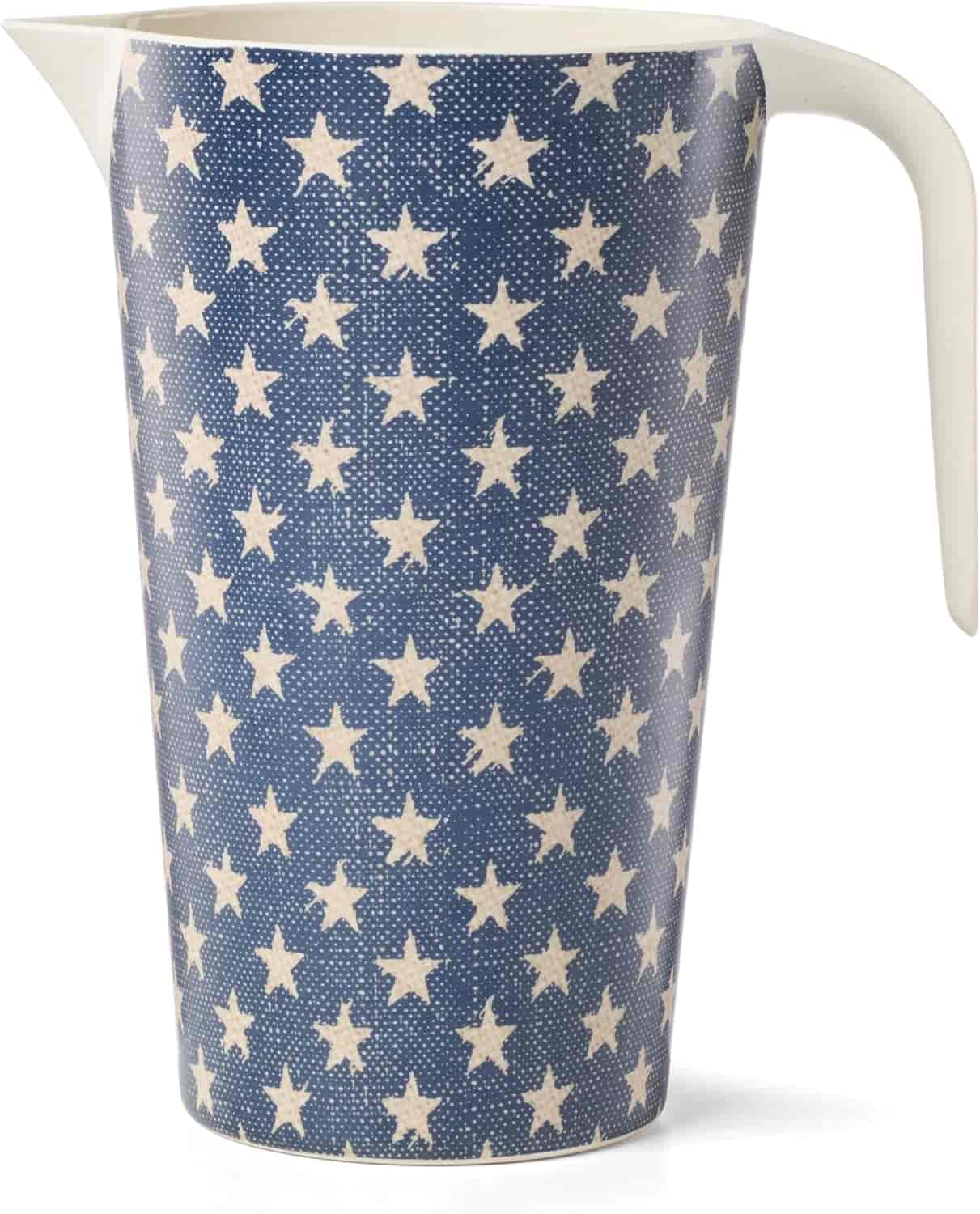 A white-handled jug with a blue body decorated with a pattern of white stars.