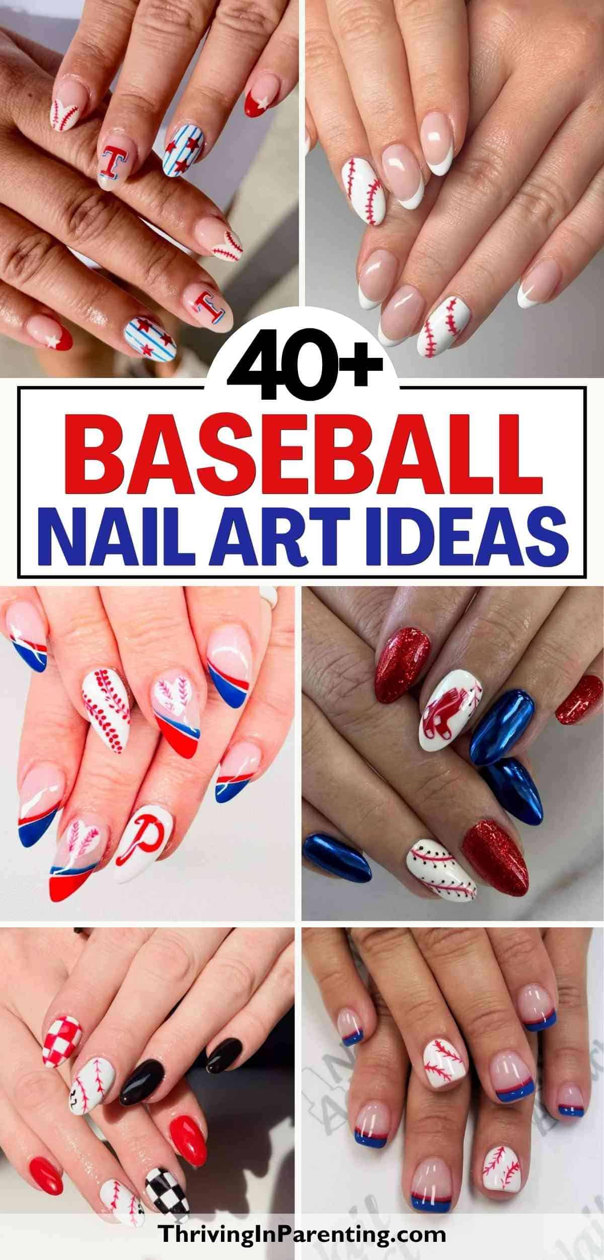 Collage of baseball nails with creative designs—think baseball stitching, team logos, and red, white, and blue colors.
