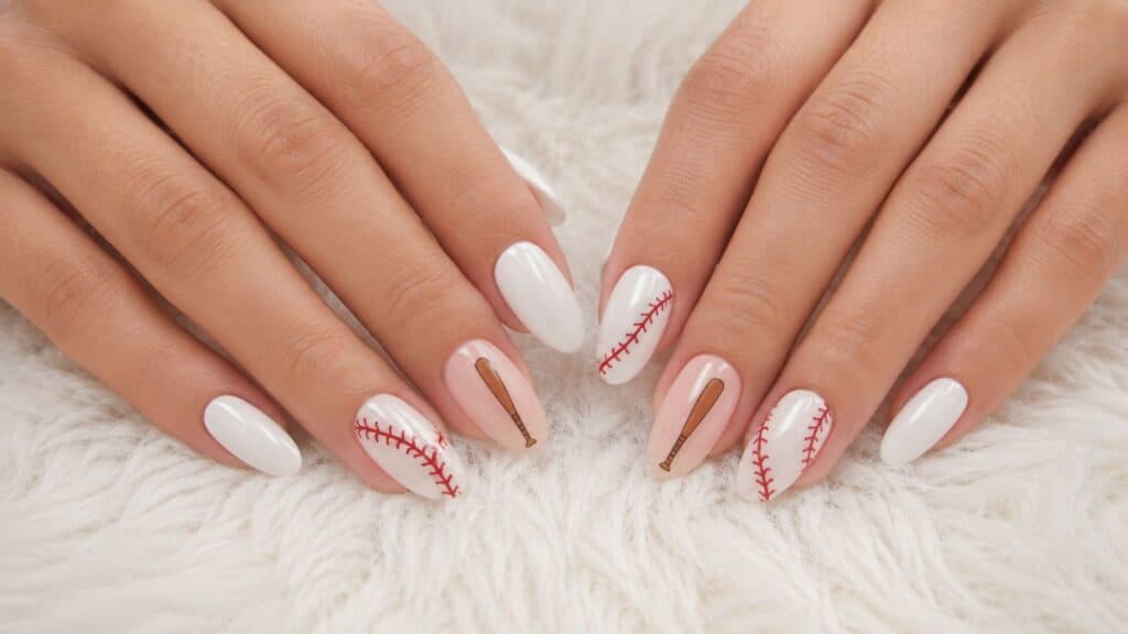 Hands with white manicured nails featuring baseball seam and bat designs, resting on a soft white textured surface.