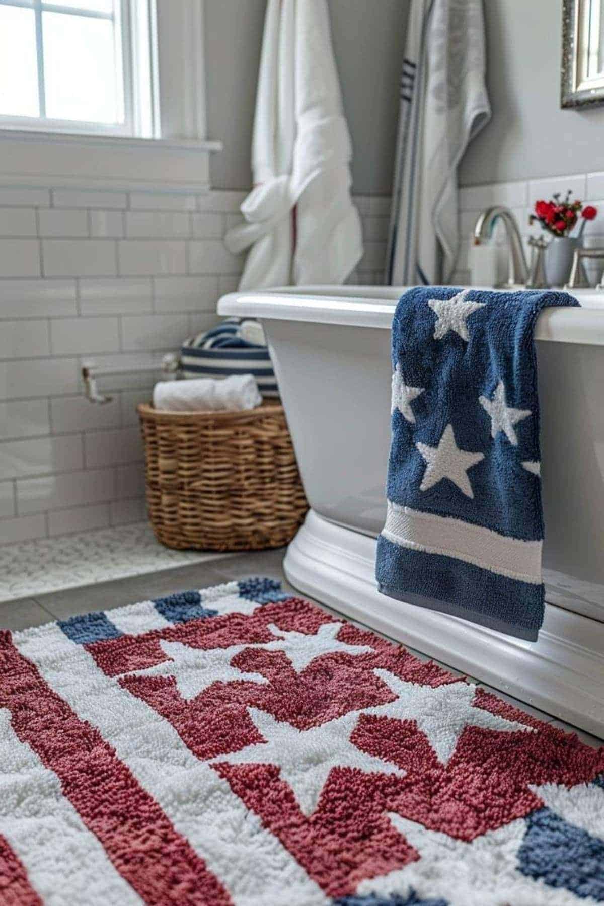 A bathroom with a white bathtub, a blue towel with white stars draped over the side, a basket, and a red, white, and blue star-patterned rug on the floor.