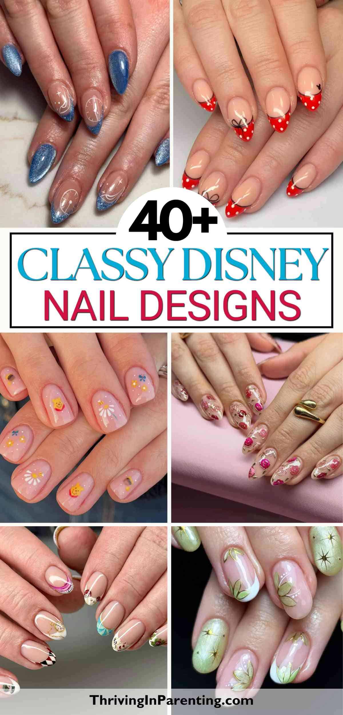 Collage of six hands with classy Disney nails, featuring blue shimmer, red tips with dots, and floral patterns.