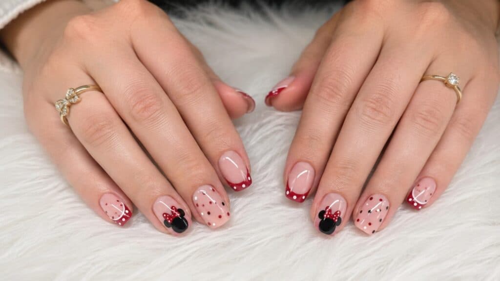Hands with red and white polka dot and Minnie Mouse-themed nail art, resting on a white textured surface. Two gold rings are worn on each hand.