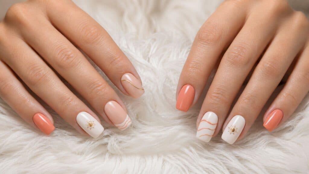Two hands with manicured nails in peach and white tones, featuring gold line and sunburst designs, resting on a fluffy white surface.