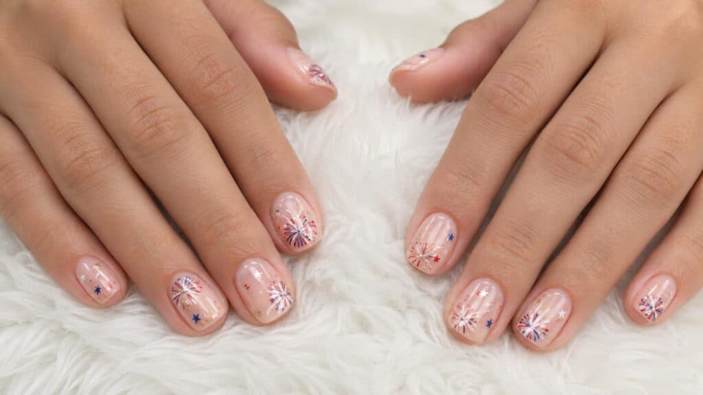 Nails with a sheer nude polish feature red, white, and blue firework designs and gold star accents.
