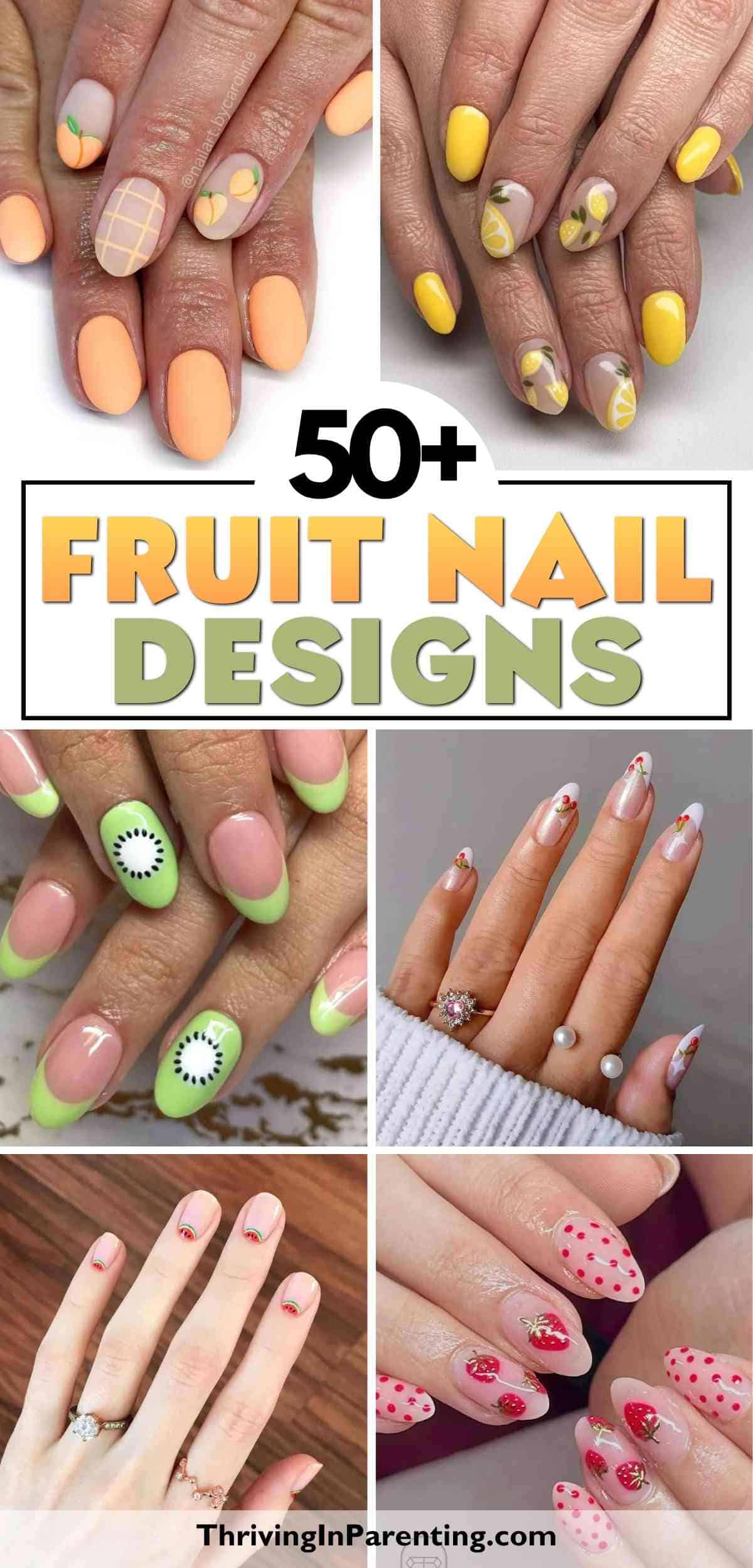 A collage of hands with various fruit nails, featuring oranges, lemons, kiwis, cherries, and strawberries.