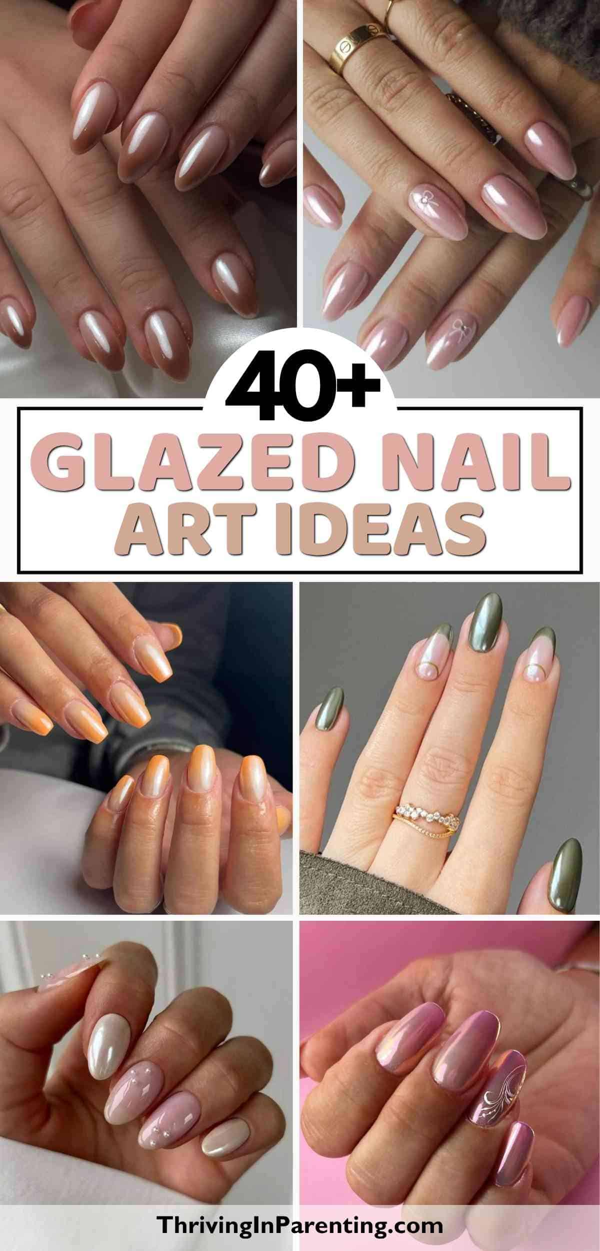 Collage of various glazed nail art ideas.