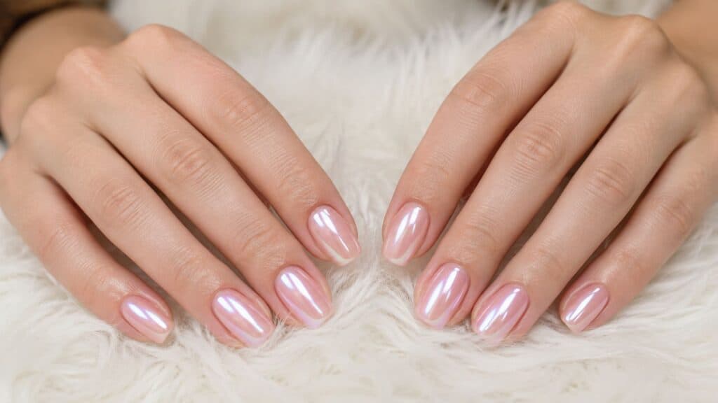 Two hands with short, almond-shaped nails featuring a light pink, iridescent, glossy manicure resting on a white, fluffy surface.