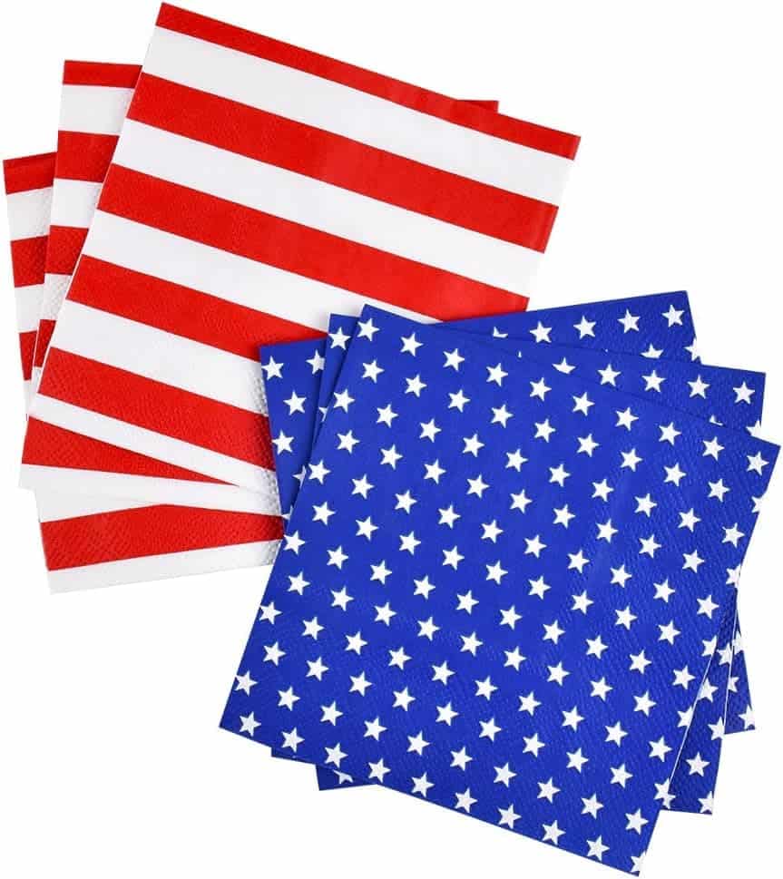 Two stacks of napkins: one with red and white stripes, the other with white stars on a blue background, resembling the American flag.