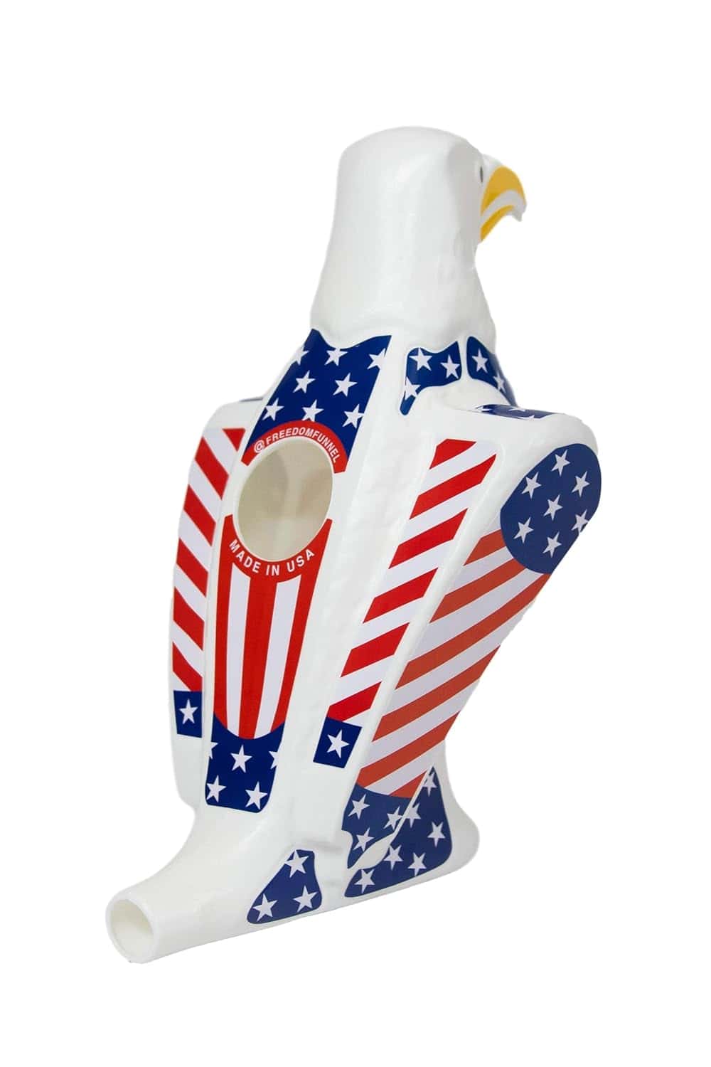 A plastic eagle-shaped whistle decorated with red, white, and blue stars and stripes, featuring a "Made in USA" label.