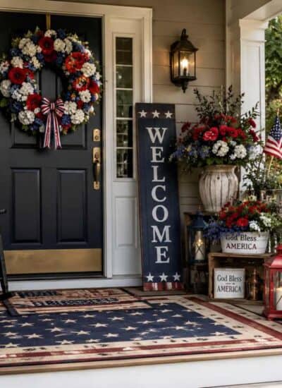 A decorated front porch with American flags, a wreath, a welcome sign, flowers, and a rocking chair for a patriotic theme.