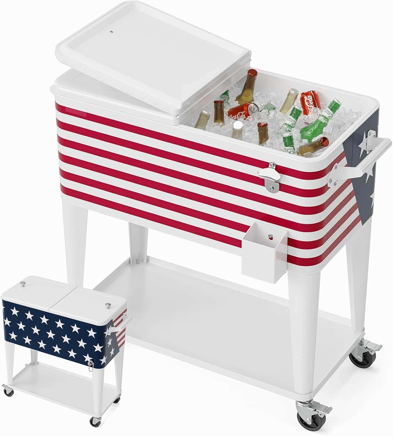 A rolling cooler with an American flag design holds ice and assorted bottled drinks; a matching smaller cooler is nearby.